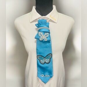 Elegant Teal Satin Necktie with Butterfly Accent and Brooch